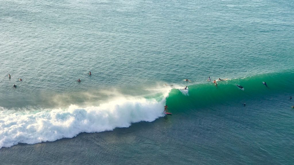 Aerial view of a group of surfers in the line-up with a breaking turquoise wave, Bali