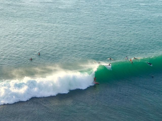 Aerial view of a group of surfers in the line-up with a breaking turquoise wave, Bali